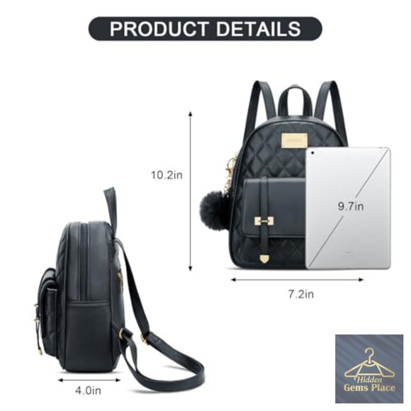 Vegan Leather Quilted Mini Backpack Daypack with Adjustable Straps and Pockets main image 6